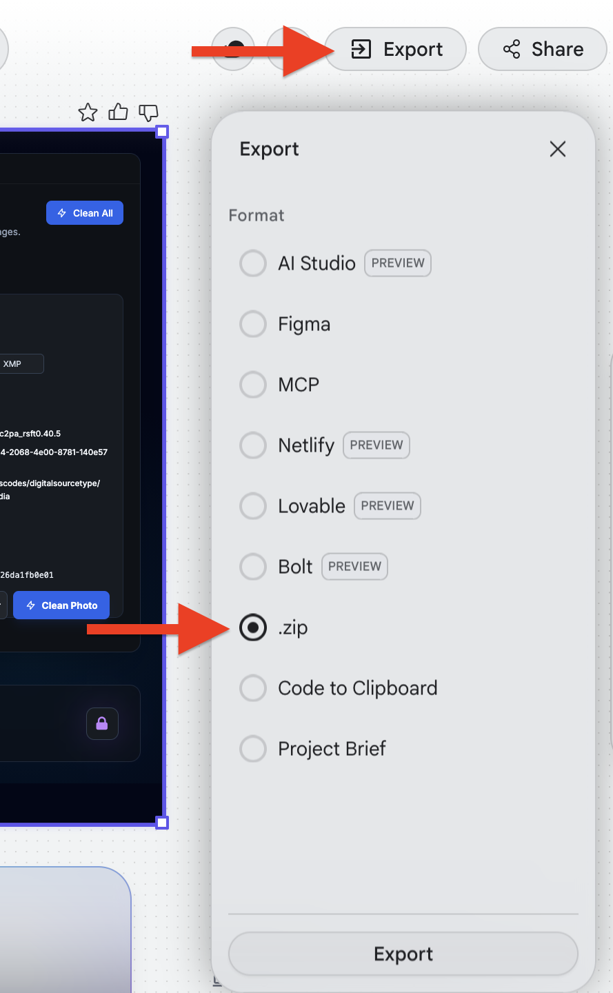 Screenshot of Google Stich for exporting a view as html/css bridge